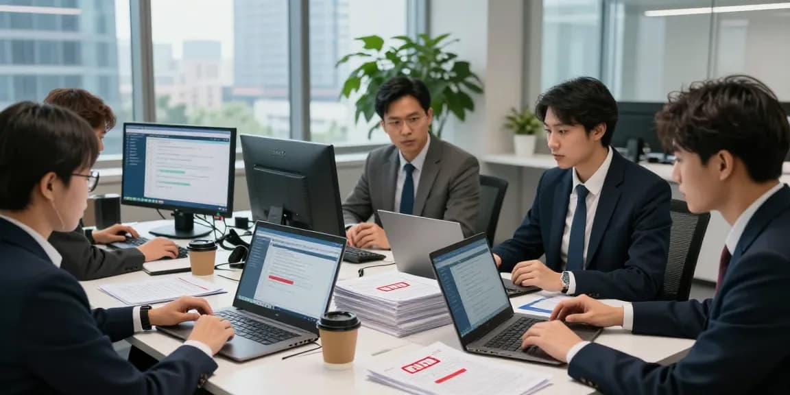 Document fraud detection team analyzing digital verification tools and flagged documents in a modern office.