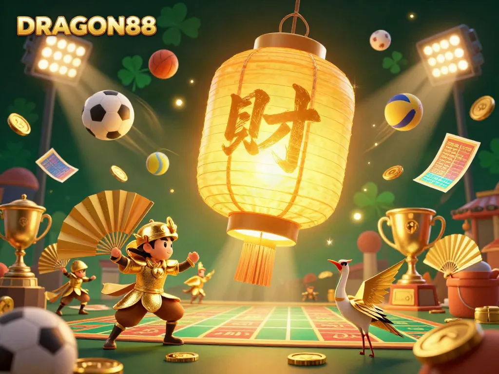 Experience the excitement of DRAGON88 with an engaging casino scene featuring golden lanterns and dynamic sports elements.