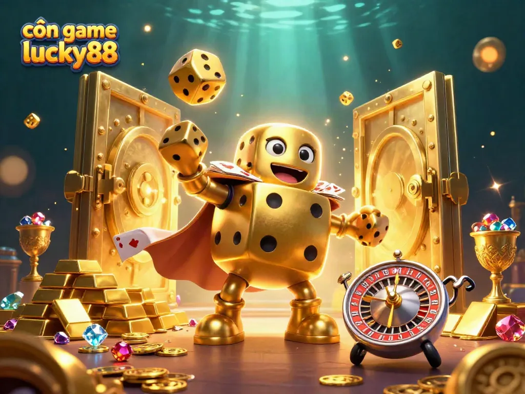 Engage with cổn game lucky88 through an immersive 3D casino experience filled with shimmering treasures and playful characters.
