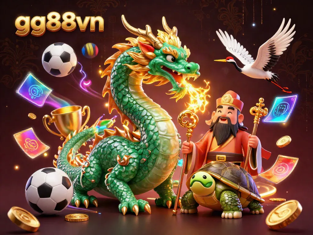 Engage with vibrant gg88vn casino action featuring a jade dragon and lucky cranes surrounded by sports elements.
