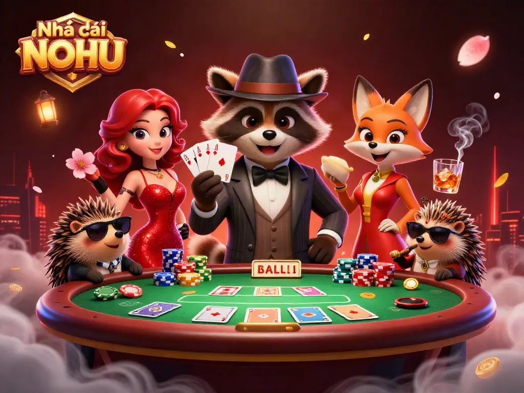 Engage with Nhà cái NOHU at an exciting casino scene featuring characters and dynamic game elements.