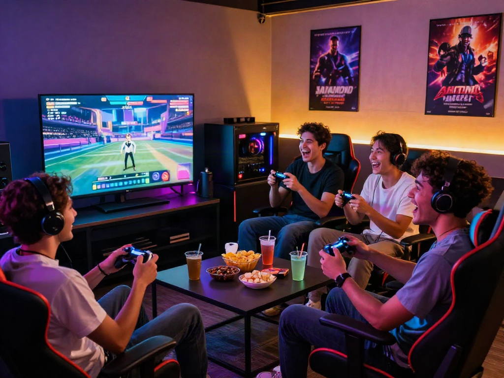 Friends enjoying interactive porn games in a vibrant gaming lounge atmosphere.