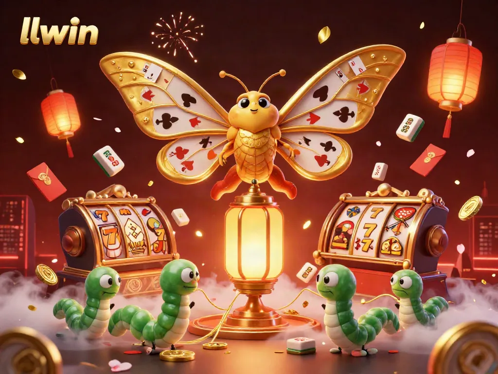Experience llwin's vibrant gaming universe through a colorful 3D illustration of an atlas moth above slot reels and casino symbols.