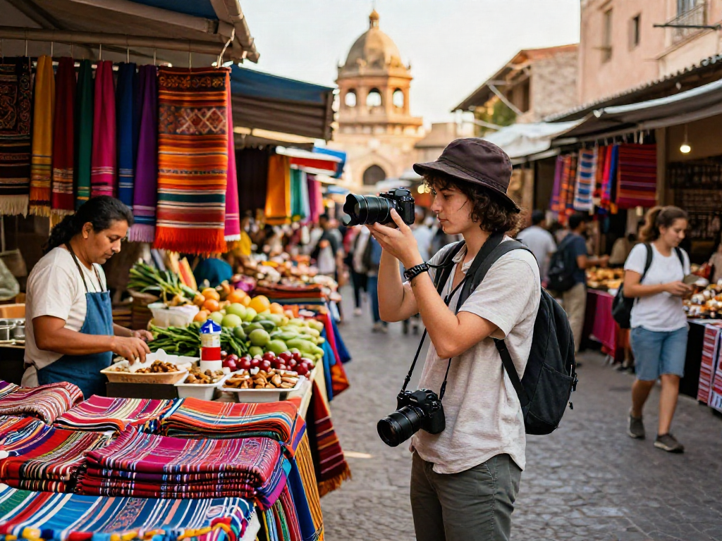 Traveler enjoying vibrant local crafts at a market, rokok88 experience.