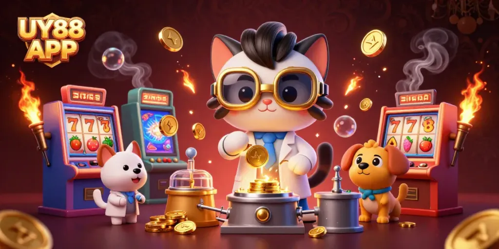 Experience the excitement of gaming with UY88 APP at vibrant slot machines in a cartoonish casino setting.
