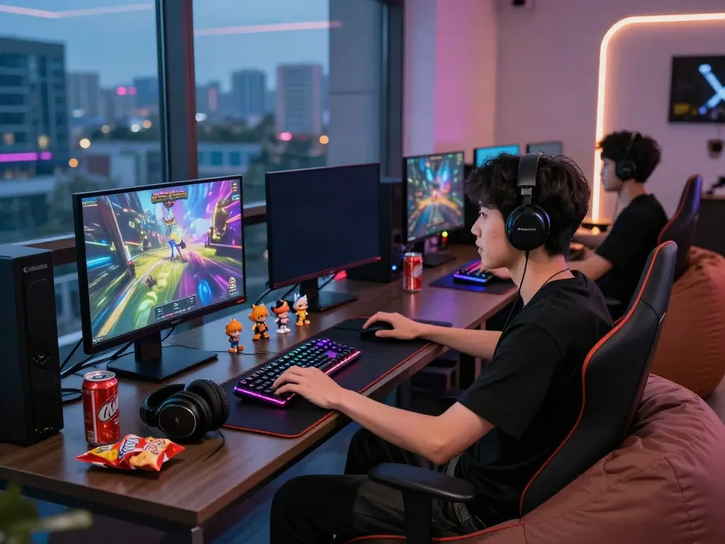 Engaged player immersed in an online gaming experience with vibrant graphics and modern gear, showcasing rokok88 lifestyle.