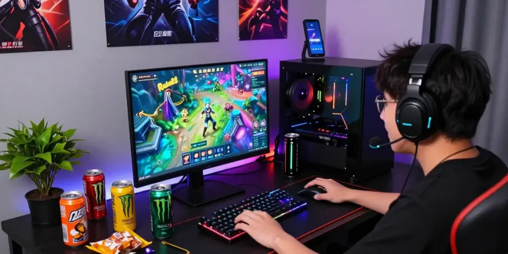 Exciting gaming setup featuring rokok88 game interface, vibrant accessories, and ambient lighting.