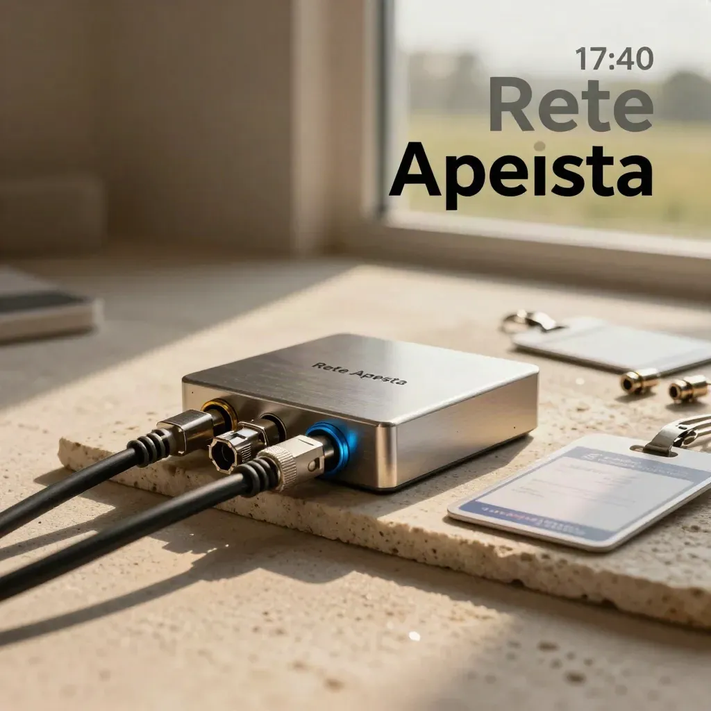 Hub di connessione in alluminio, cavi intrecciati e badge su plaster caldo con luce radente.