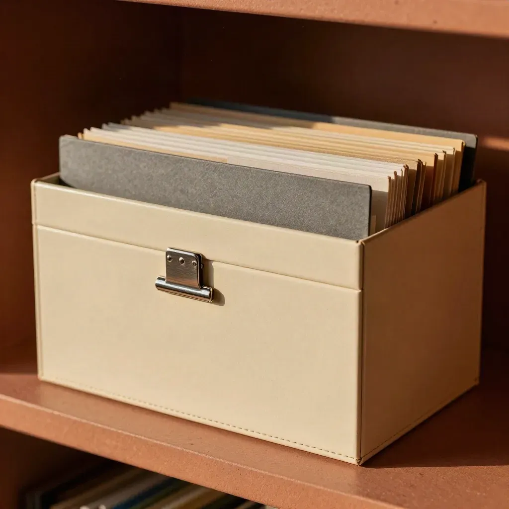 Scatola archivio e cartelle chiuse su mensola terracotta, con clip d'acciaio e divisori ordinati.