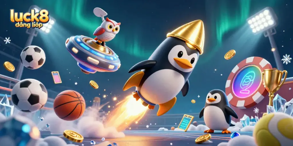 Experience the thrill of luck8 đăng nhập with a dynamic 3D casino illustration featuring a golden penguin in space.