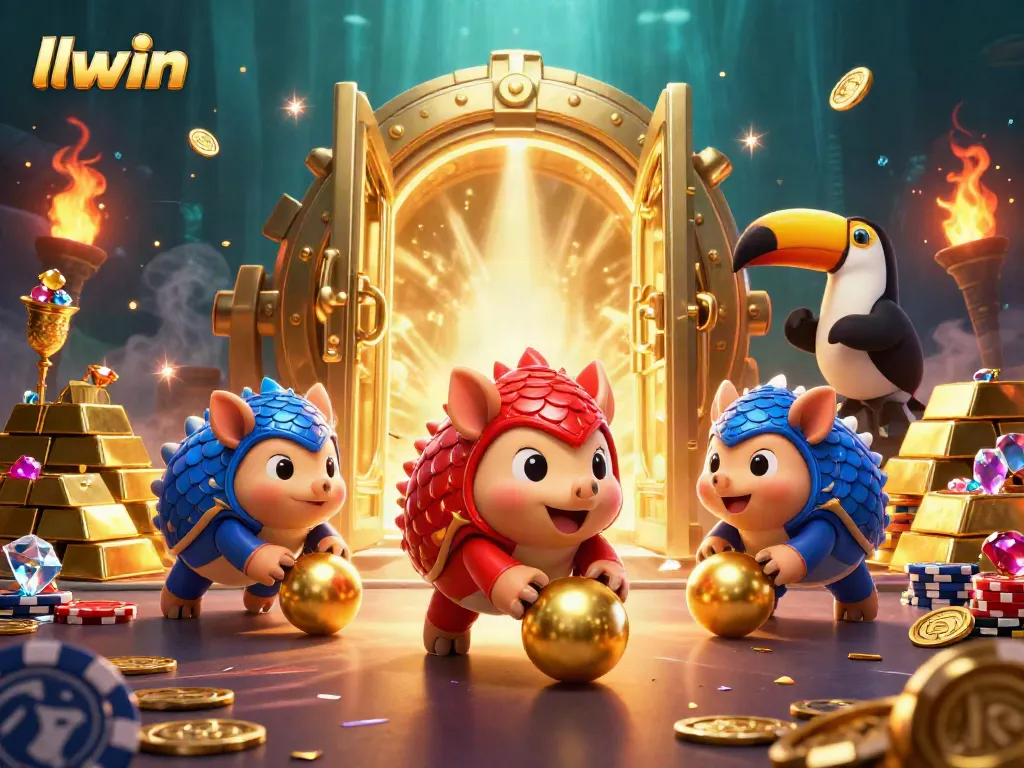 llwin showcases a dynamic scene with rival pangolins gambling through poker chips and treasure.