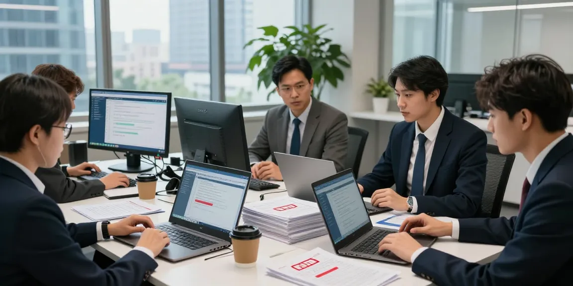 Document fraud detection team analyzing digital verification tools and flagged documents in a modern office.