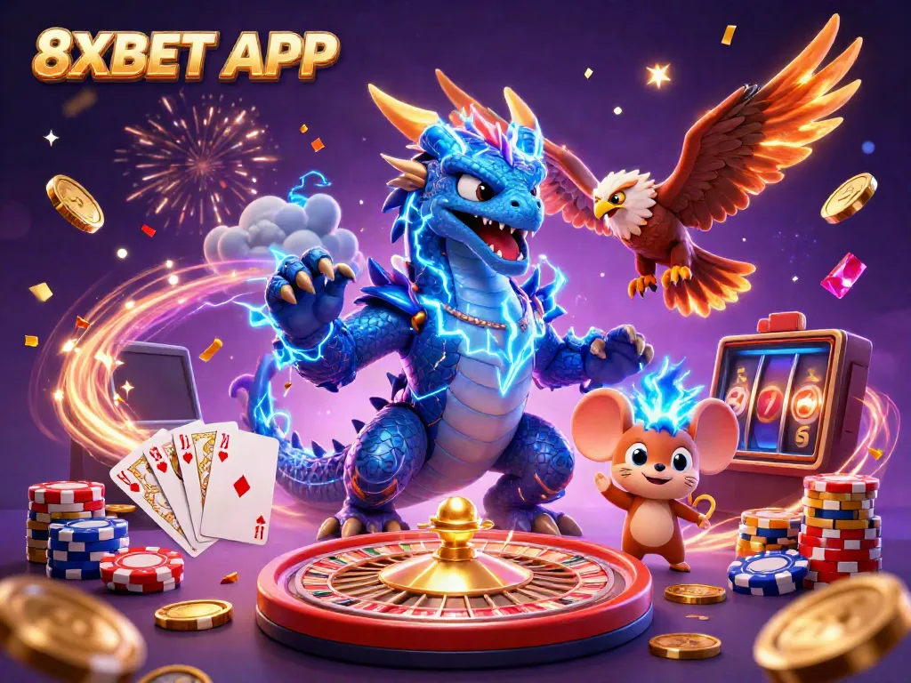 Experience winning with the 8XBET APP featuring dynamic gaming elements in a vibrant casino scene.
