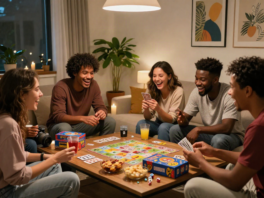Friends enjoying a fun game night at home with rokok88 super snacks on the table, creating laughter and excitement.