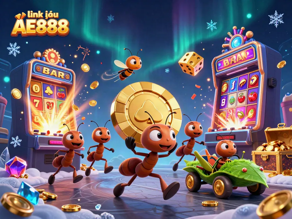 Join the action with link vào AE888 as ants carry a giant poker chip through a vibrant casino world.