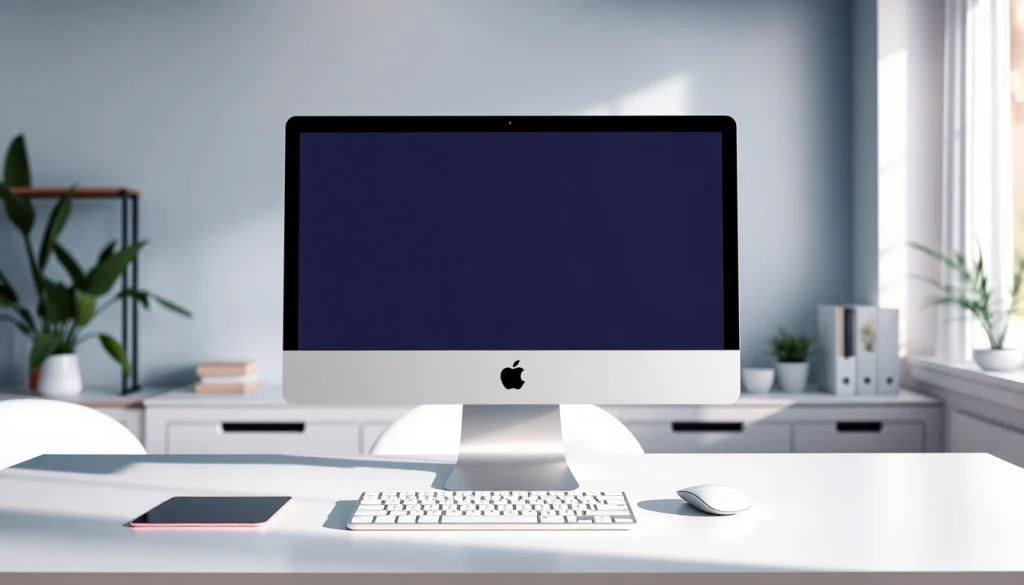 Visualiza el iMac 24 pulgadas en un ambiente moderno de oficina destacando su elegante diseño.