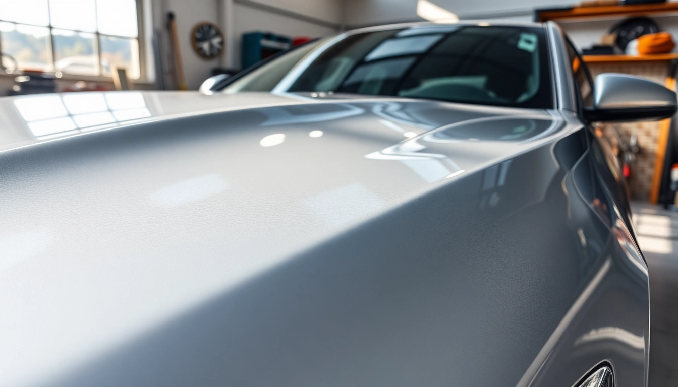 Apply paint protection film near me for a sleek, glossy vehicle finish in a well-lit garage.