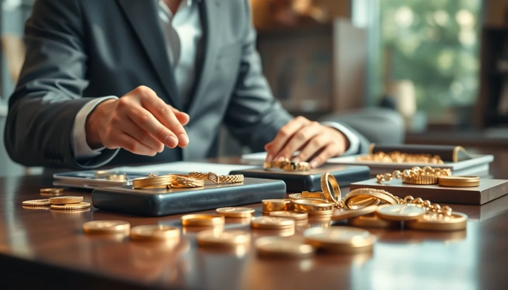 Scopri compro oro roma con esperto che esamina gioielli d'oro e monete sul tavolo.
