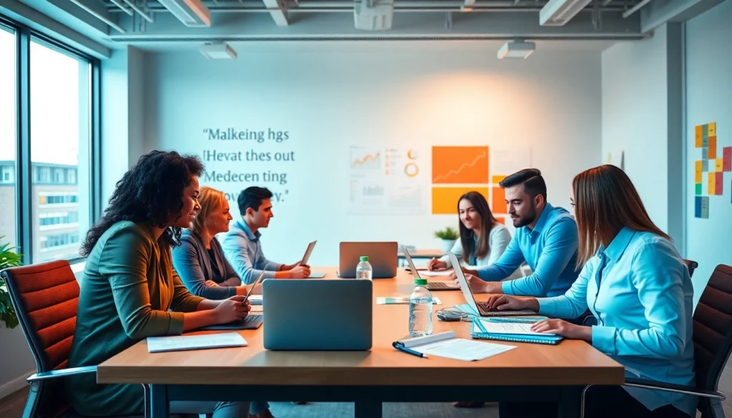 Marketing Agency team collaborating in a bright office space, demonstrating teamwork and creativity.