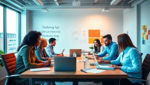 Marketing Agency team collaborating in a bright office space, demonstrating teamwork and creativity.