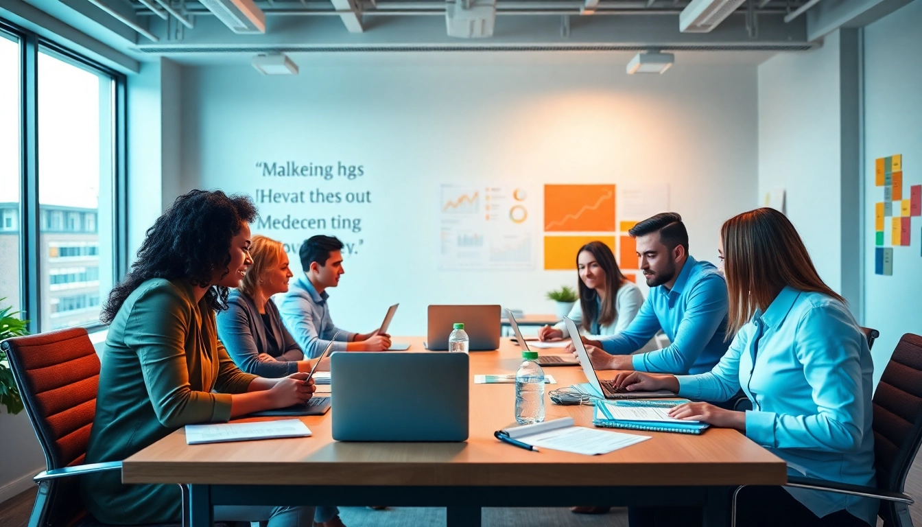 Marketing Agency team collaborating in a bright office space, demonstrating teamwork and creativity.
