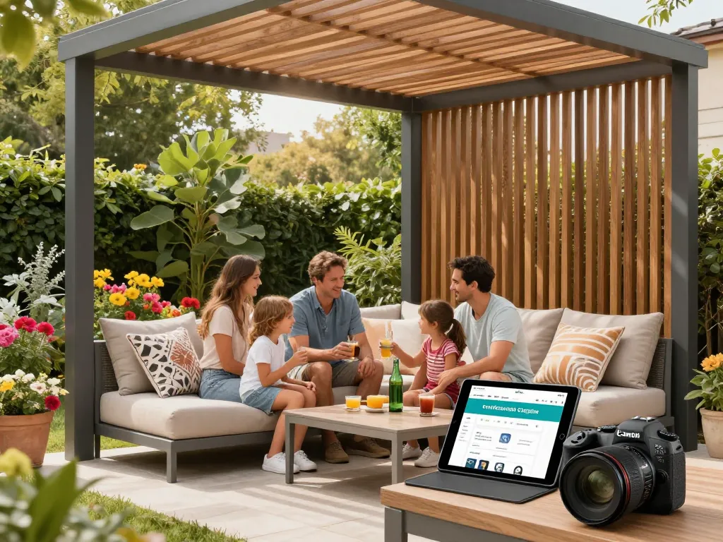 Family gathered under a configuratore pergola online in a cozy backyard enjoying refreshments.