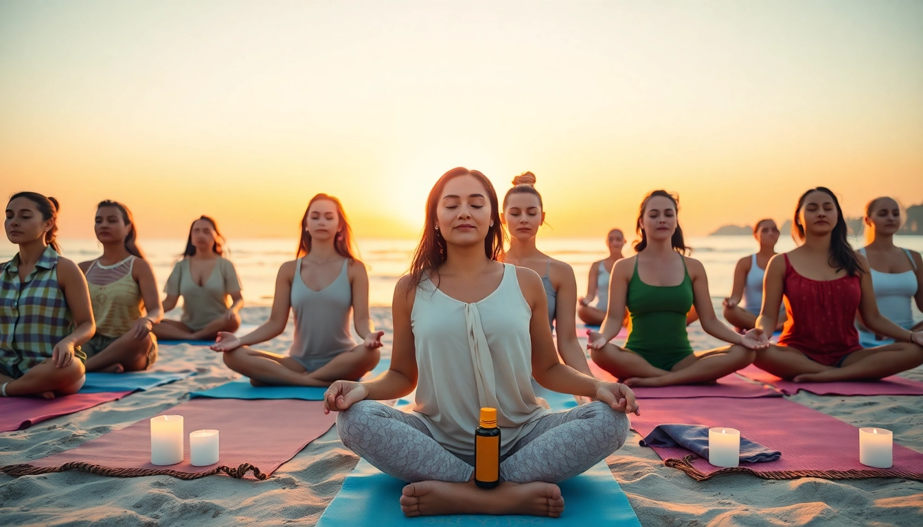 Group meditation for stress and anxiety management on the beach at sunset.