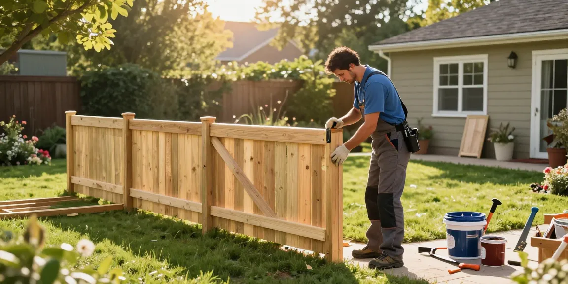 We fix fences and build fences in a backyard scene with a professional repairing a wooden fence.