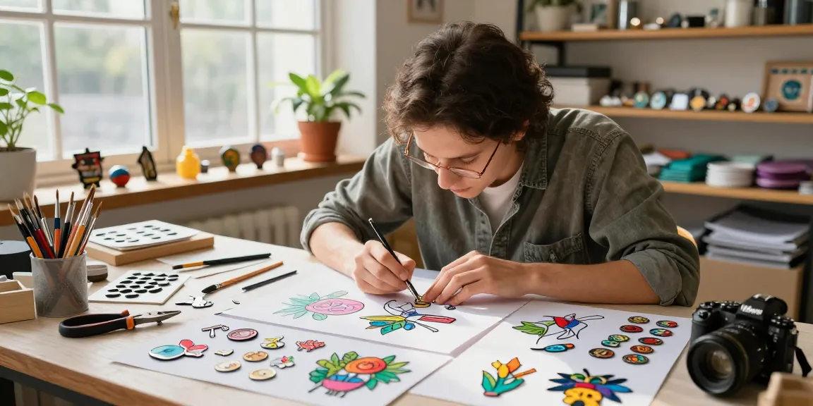 Artisan designing custom pins in a bright workshop showcasing colorful sketches and pin samples.