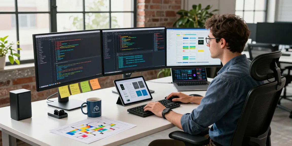 Workstation with WPS Download tools and coding on multiple screens in a modern office setting