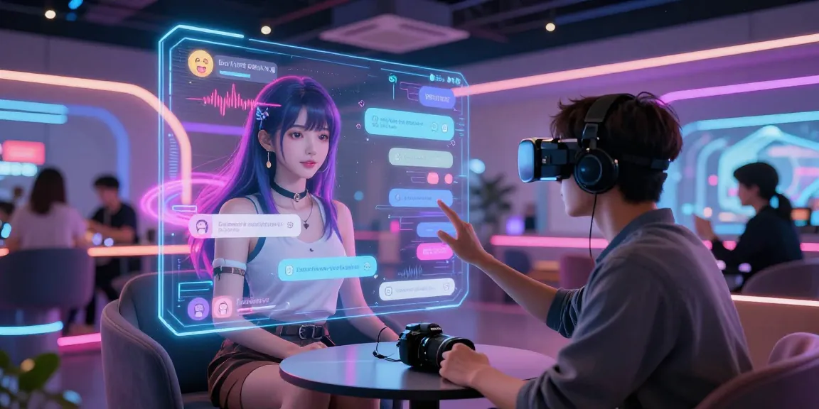 Engaging ai hentai chat with a virtual reality character interaction in a vibrant digital landscape.
