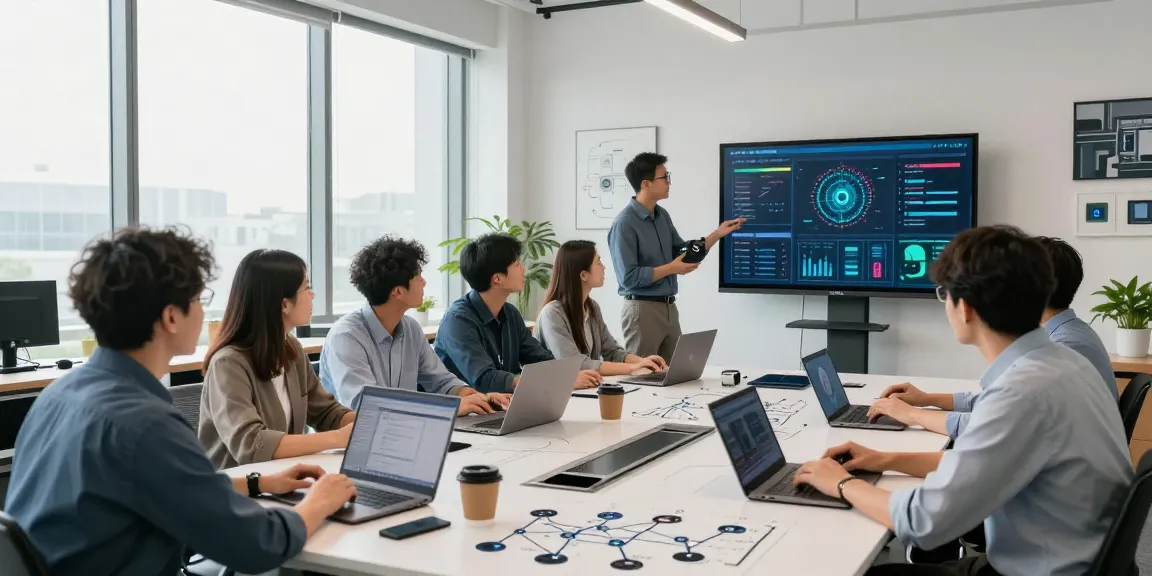 Business IT support team collaborating on solutions in a modern office.