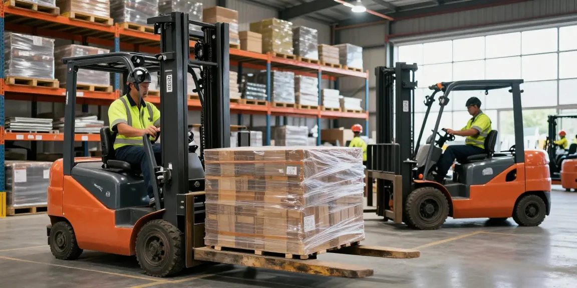 Operator using a pallet jack electric in a busy warehouse setting, lifting heavy loads efficiently.